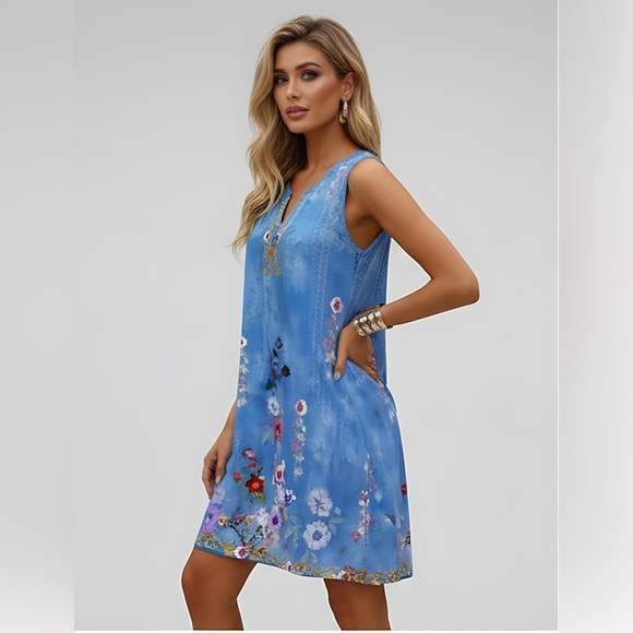 Blue Boho Floral Print Mini Dress - Picture 3 of 6